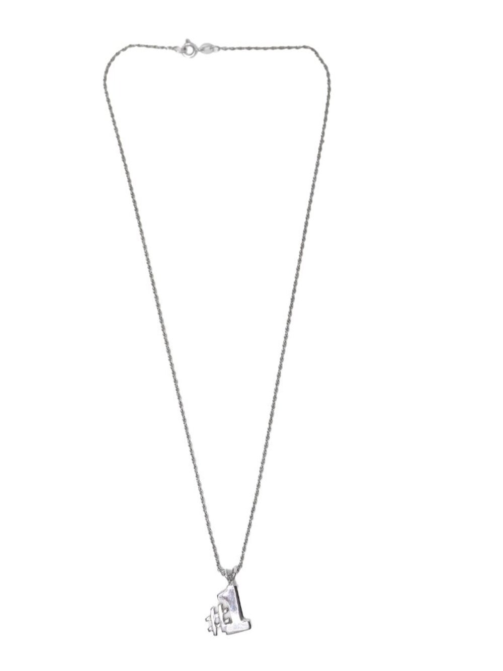 Vintage Sterling Silver Number 1 Pendant Necklace Textured Charm Rope Chain